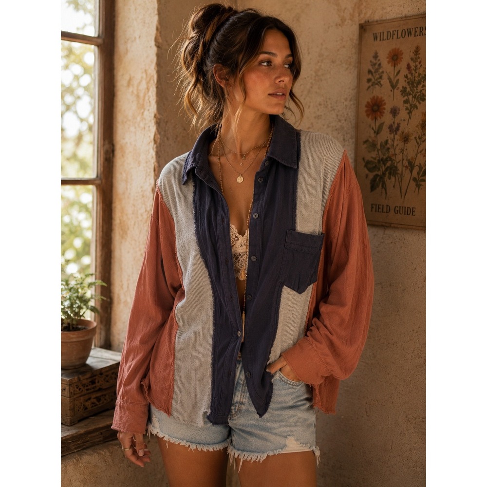 Hem & Thread Women Colorblock Mixed Media Waffle Knit Button Down Shirt Small
